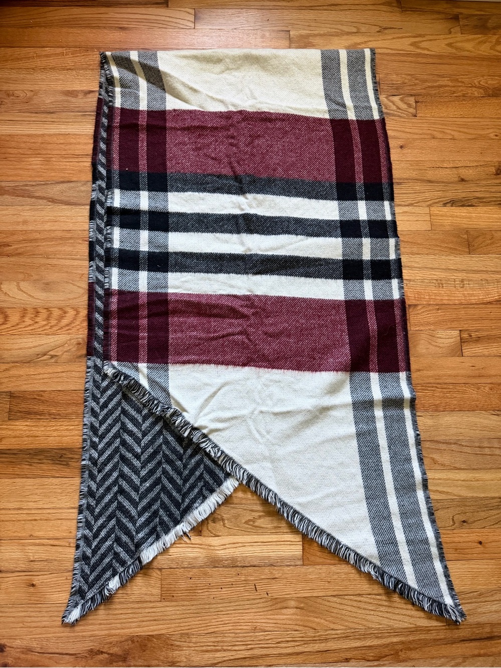 Cozy Plaid Scarf/Wrap in Burgundy, White, and Black